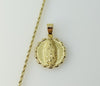 Gold plated rope braided chain necklace with Virgin Mary pendant design.
Gold plated rope braided chain necklace featuri