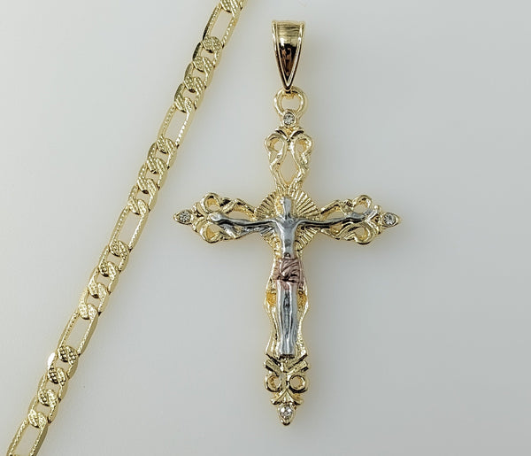 Plated Tri-Color Cross Crucifix 4mm 14K Diamond Cut Figaro Chain Necklace