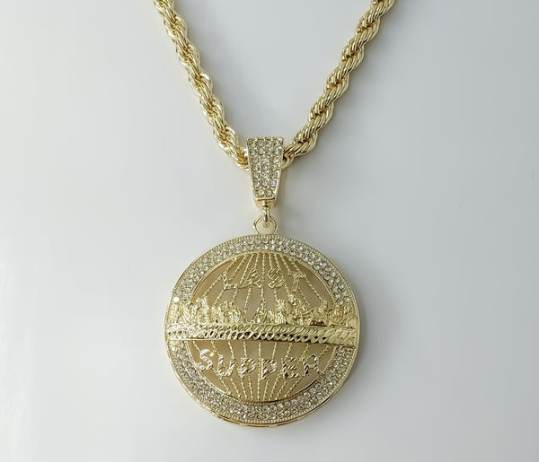 A gold plated braided rope chain necklace with The Last Supper pendant.

A gold plated rope chain necklace featuring a p