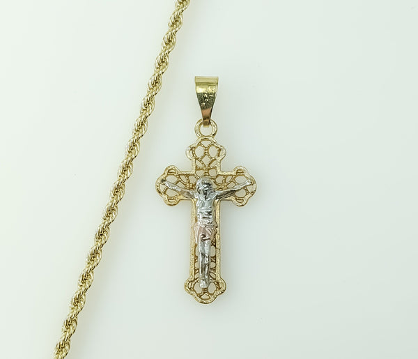 Gold plated tri-color cross pendant on a braided chain necklace.

Gold plated cross pendant on a 3mm rope and braided ch
