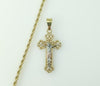 Gold plated tri-color cross pendant on a braided chain necklace.

Gold plated cross pendant on a 3mm rope and braided ch