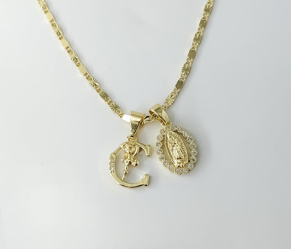 Letter "C" Dainty Virgin Mary Double Pendant 2mm Star Solid Chain Necklace