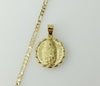 Gold plated Virgin Mary 3mm Figaro chain necklace with delicate filigree details.
Gold plated Virgin Mary Figaro chain