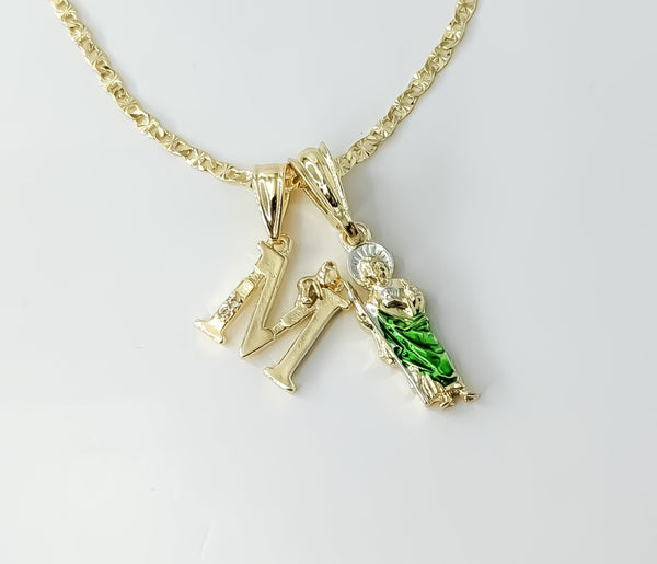 Gold plated dainty letter 'M' multicolor Saint Jude double pendants on a star chain necklace.

Multicolor Saint Jude dou