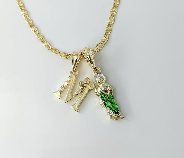 Plated Dainty Letter "M" Multicolor Saint Jude Double Pendants 3mm Star Chain Necklace
