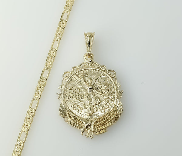 Gold plated 14K diamond cut Figaro chain necklace with Mexican Centenario details.

Gold plated 14K diamond cut Figaro c