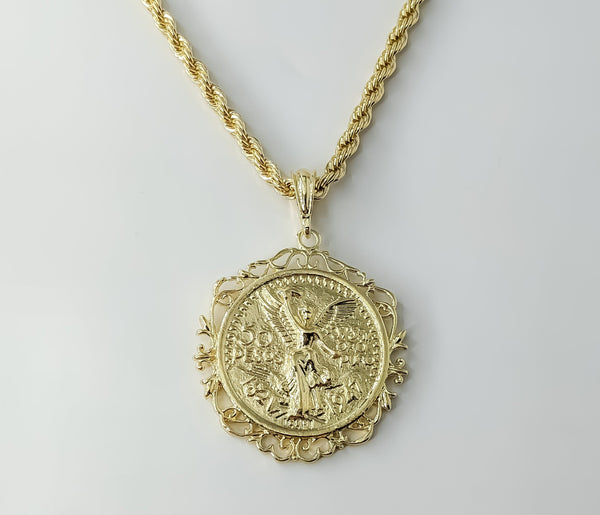 Gold plated Mexican Centenario double sided rope chain necklace in braided style.