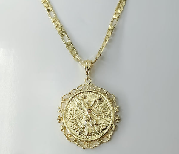 A 6mm gold plated 18K figaro chain necklace in a Mexican Centenario style.