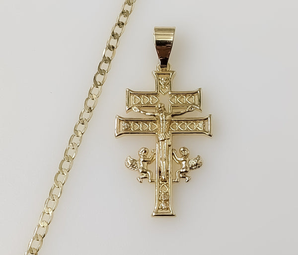 Two Bar Crucifix Holy Cross of Caravaca 14K Plated 3mm Cuban Chain Necklace