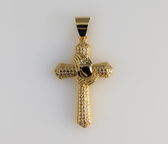 Plated Blinged Cross with Praying Hands Pendant