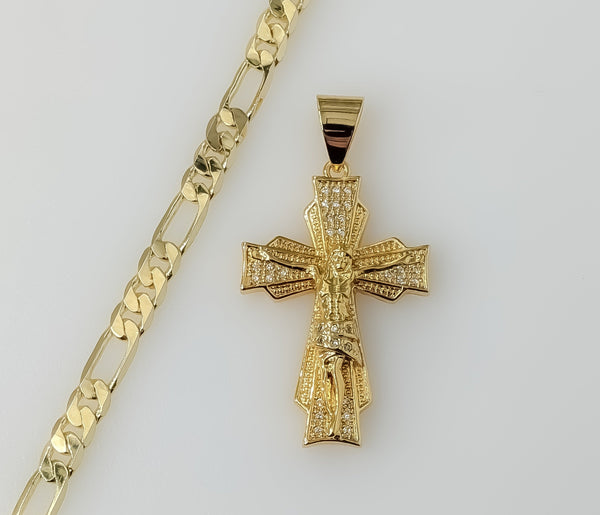 Plated Cross 5mm Figaro Chain Necklace