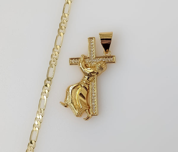 Plated Jesus Carrying Cross 3mm Figaro Chain Necklace