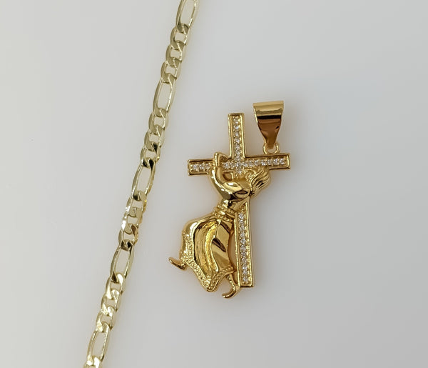 Plated Jesus Carrying Cross 4mm Figaro Chain Necklace