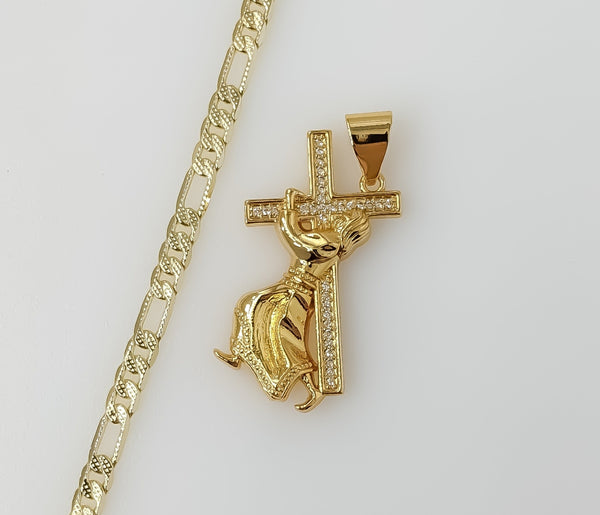Plated Jesus Carrying Cross 4mm 14K Diamond Cut Figaro Chain Necklace