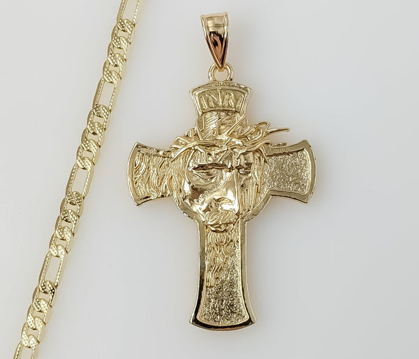 Plated Cross 4mm 14K Diamond Cut Figaro Chain Necklace