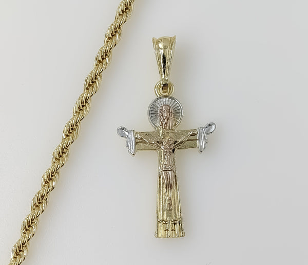 Plated Tri-Color Cross 4mm Rope/Braided Chain Necklace