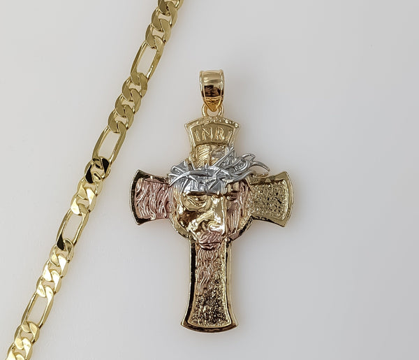 Plated Tri-Color Cross 5mm Figaro Chain Necklace