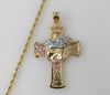 Plated Tri-Color Cross 4mm 14K Diamond Cut Figaro Chain Necklace