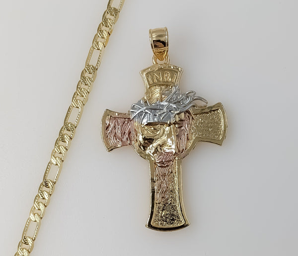 Plated Tri-Color Cross 4mm 14K Diamond Cut Figaro Chain Necklace