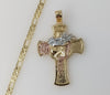Plated Tri-Color Cross 4mm 14K Diamond Cut Figaro Chain Necklace