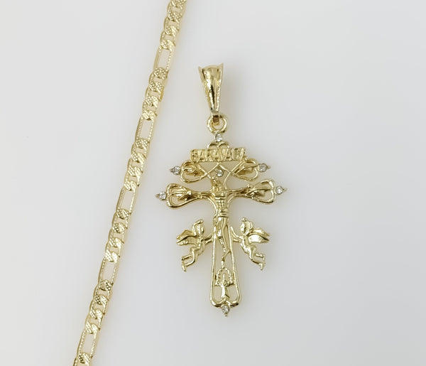 Plated Holy Cross of Caravaca 4mm 14K Diamond Cut Figaro Chain Necklace