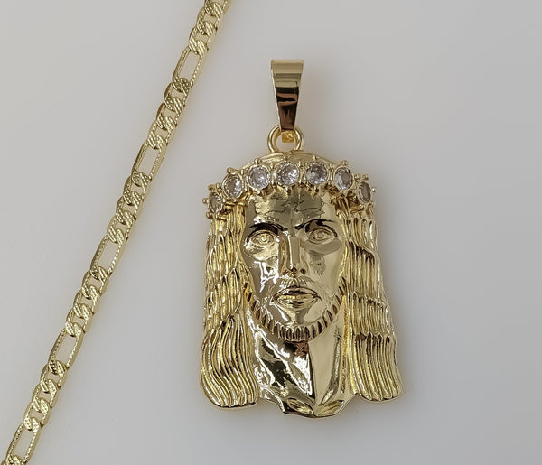Plated Large Jesus 4mm 14K Diamond Cut Figaro Chain Necklace