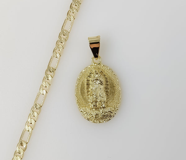 Plated Virgin Mary 4mm 14K Diamond Cut Figaro Chain Necklace