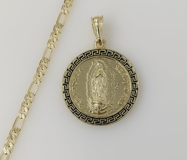Plated Multicolor Virgin Mary 4mm 14K Diamond Cut Figaro Chain Necklace