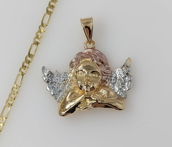 Plated Tri-Color Large Angel 3mm Figaro Chain Necklace