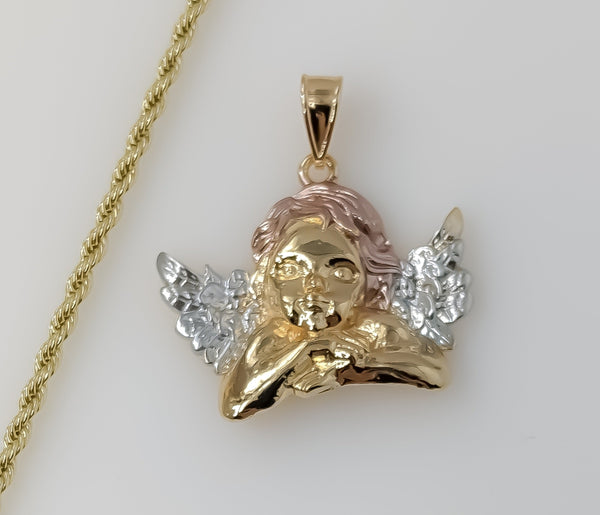Plated Tri-Color Large Angel 3mm Rope/Braided Chain Necklace