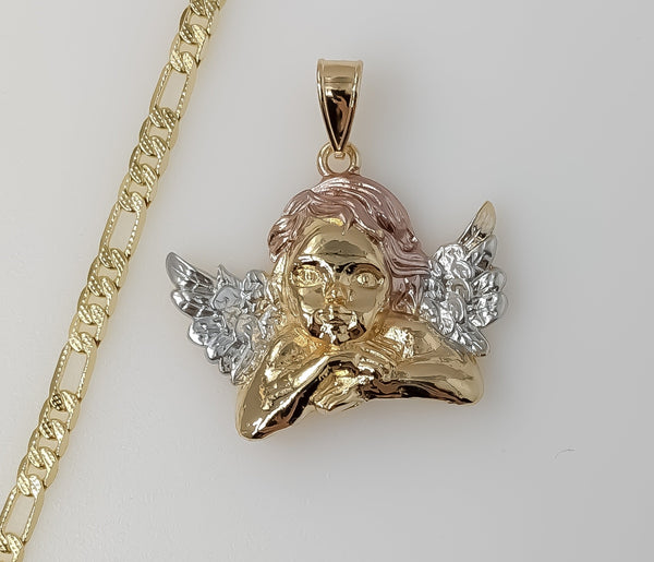Plated Tri-Color Large Angel 4mm 14K Diamond Cut Figaro Chain Necklace