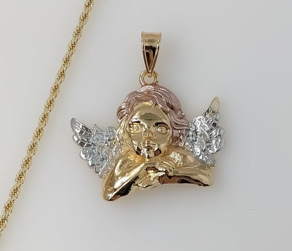Plated Tri-Color Large Angel 2mm Rope/Braided Chain Necklace