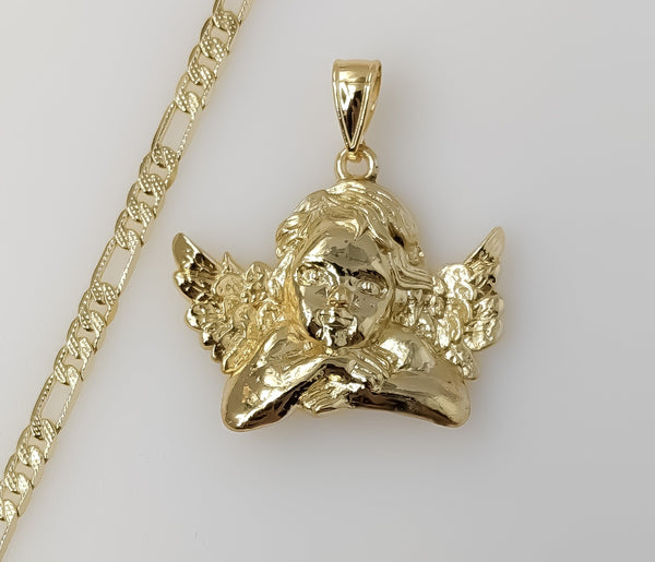 Plated Large Angel 4mm 14K Diamond Cut Figaro Chain Necklace