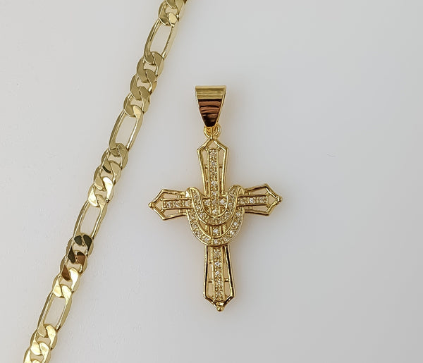 Plated Cross 5mm Figaro Chain Necklace