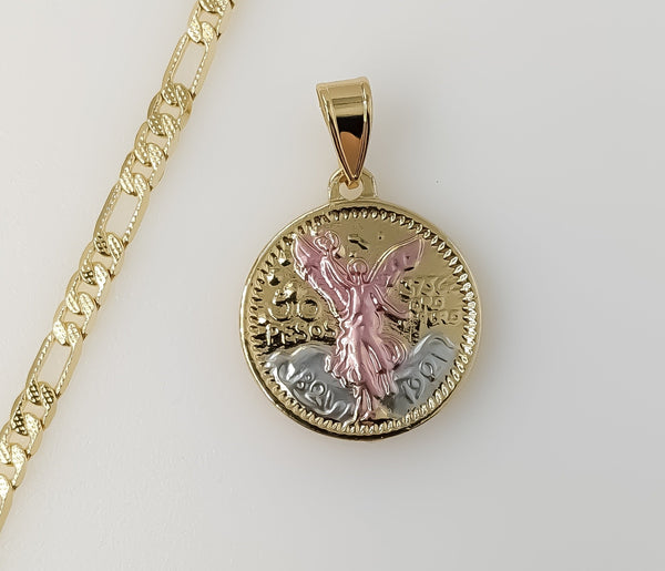 Plated Tri-Color Mexican Centenario 4mm 14K Diamond Cut Figaro Chain Necklace
