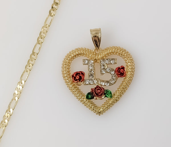 Plated Heart "My 15" Quince 3mm Figaro Chain Necklace