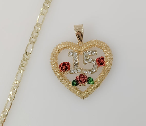 Plated Heart "My 15" Quince 4mm Figaro Chain Necklace