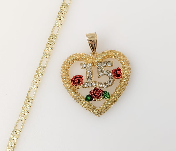 Plated Heart "My 15" Quince 4mm 14K Diamond Cut Figaro Chain Necklace