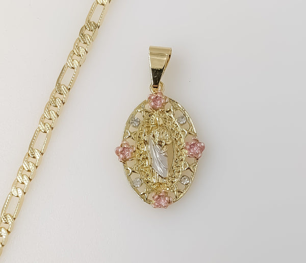 Plated Tri-Color Saint Jude 4mm 14K Diamond Cut Figaro Chain Necklace