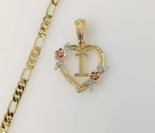 Plated Tri-Color Heart Letter "I" 5mm Figaro Chain Necklace
