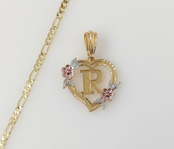 Plated Tri-Color Heart Letter "R" 3mm Figaro Chain Necklace
