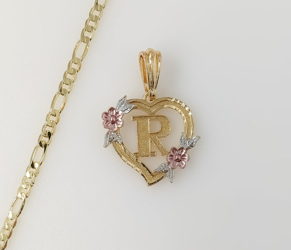 Plated Tri-Color Heart Letter "R" 4mm Figaro Chain Necklace