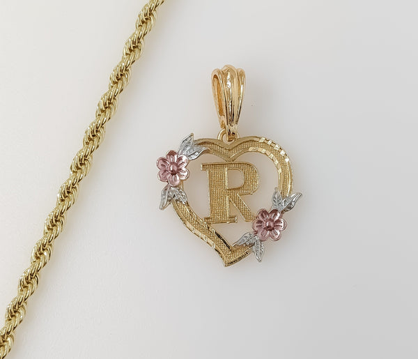 Plated Tri-Color Heart Letter "R" 4mm Rope/Braided Chain Necklace