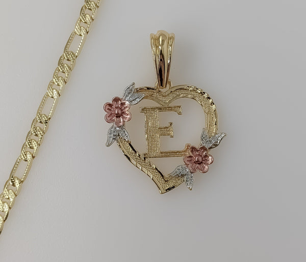 Plated Tri-Color Heart Letter "E" 4mm 14K Diamond Cut Figaro Chain Necklace