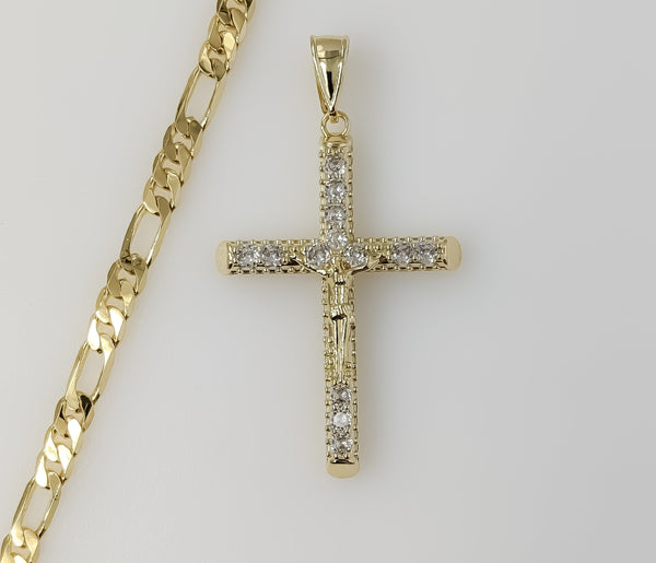 Plated Blinged Cross 5mm Figaro Chain Necklace