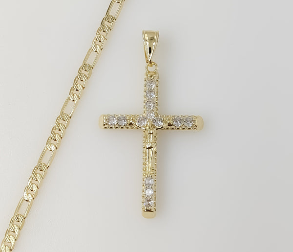 Plated Blinged Cross 4mm 14K Diamond Cut Figaro Chain Necklace