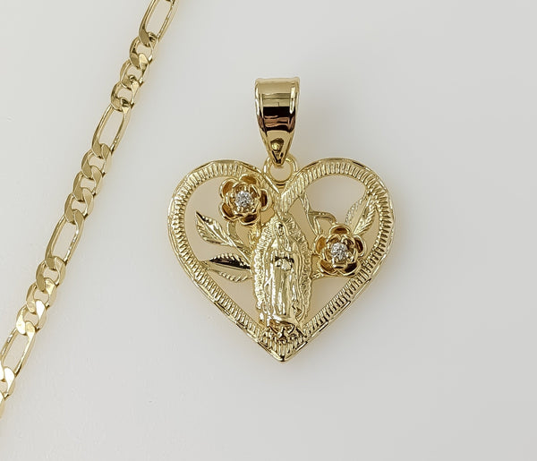 Plated Heart Virgin Mary 3mm Figaro Chain Necklace