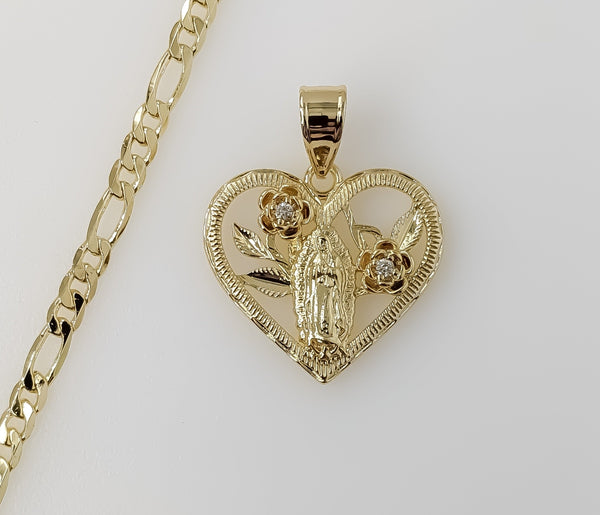 Plated Heart Virgin Mary 4mm Figaro Chain Necklace