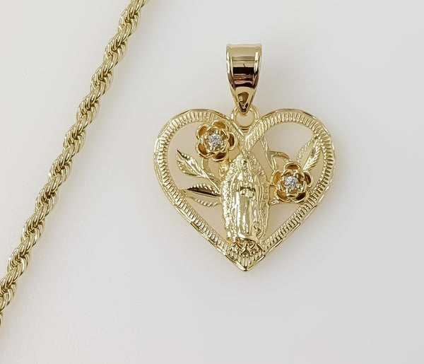 Plated Heart Virgin Mary 3mm Rope/Braided Chain Necklace