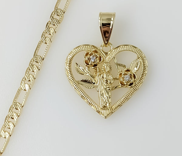 Plated Heart Saint Jude 4mm 14K Diamond Cut Figaro Chain Necklace